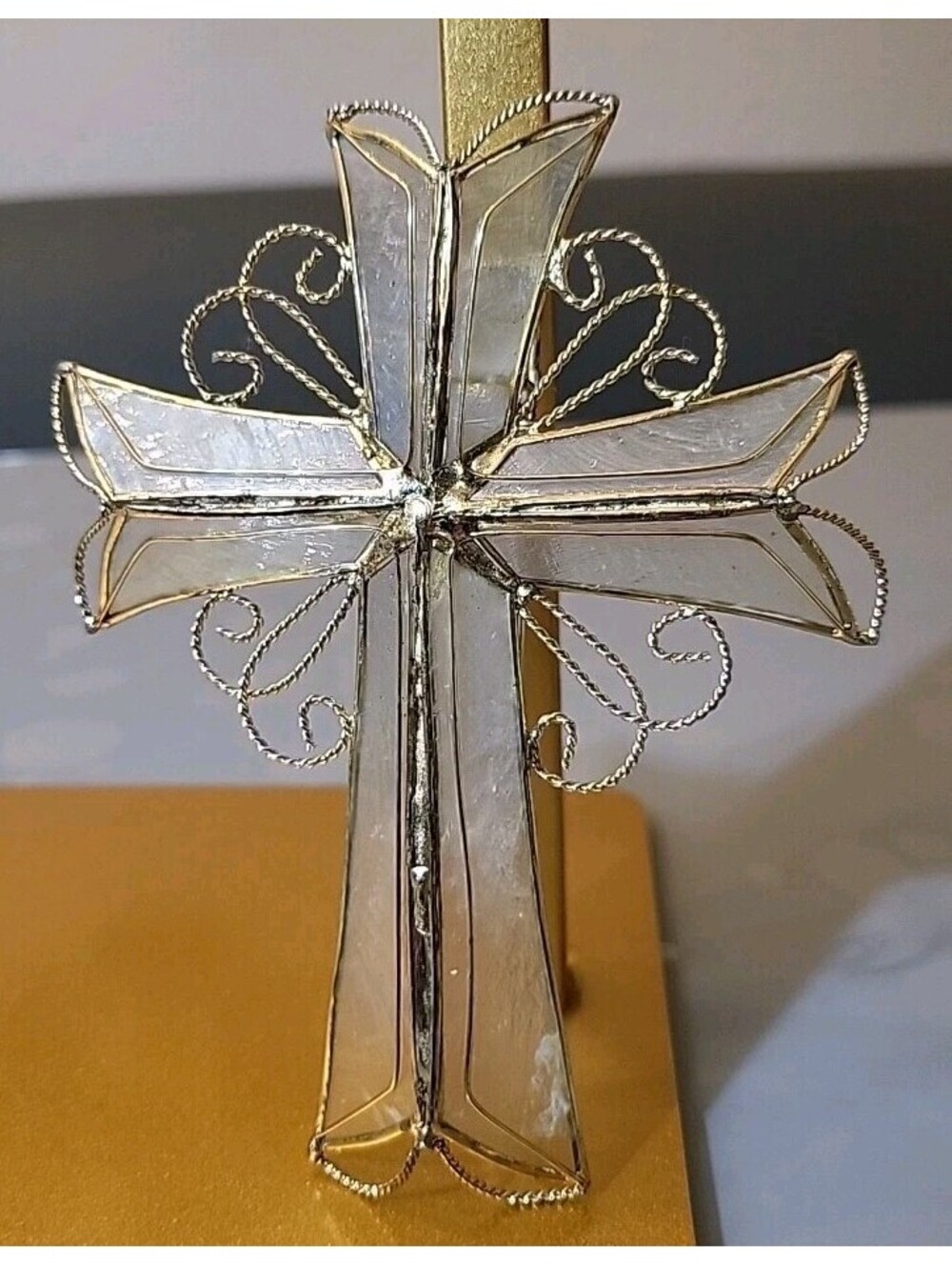 Vintage Capiz Shell Cross Christmas Ornament Gold Filigree Handmade Dimensional3